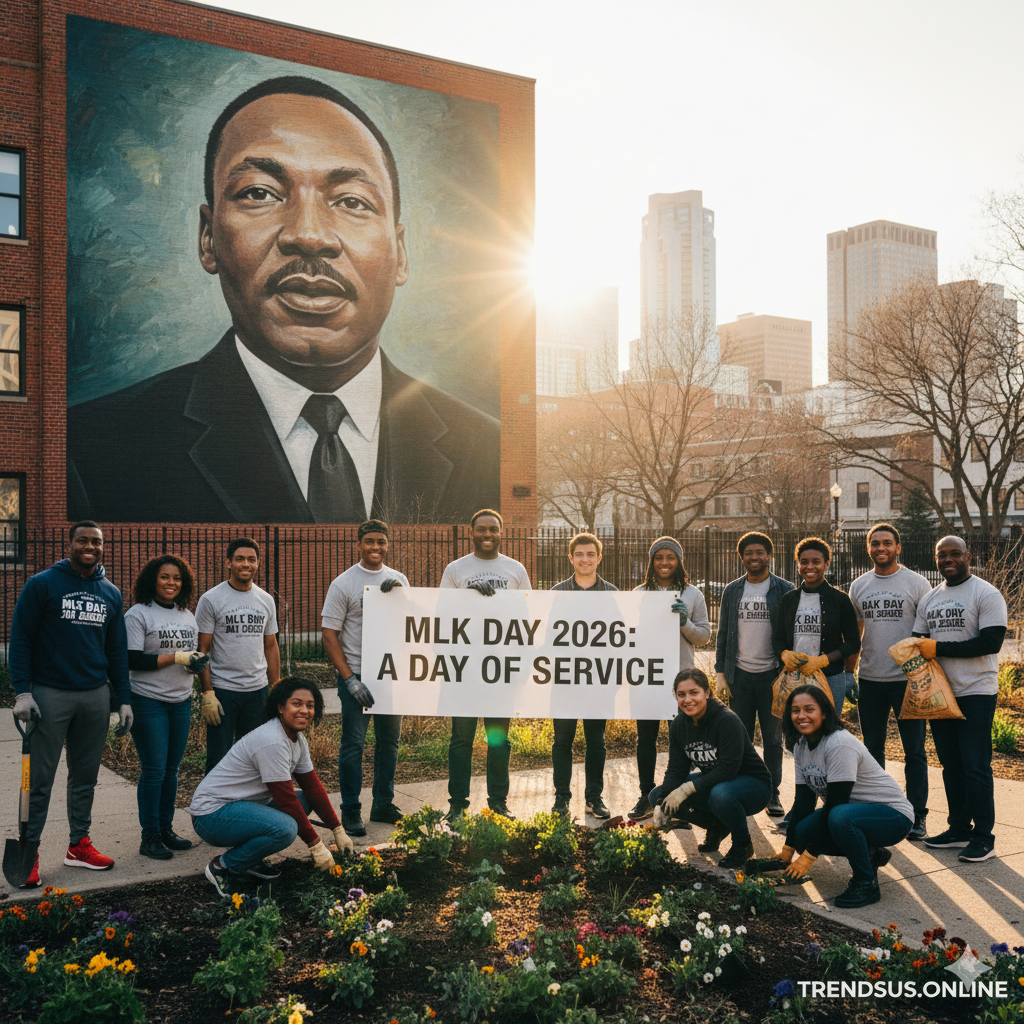 Diverse group of volunteers planting flowers in a city park under a large mural of Dr. Martin Luther King Jr. during the 2026 Day of Service.