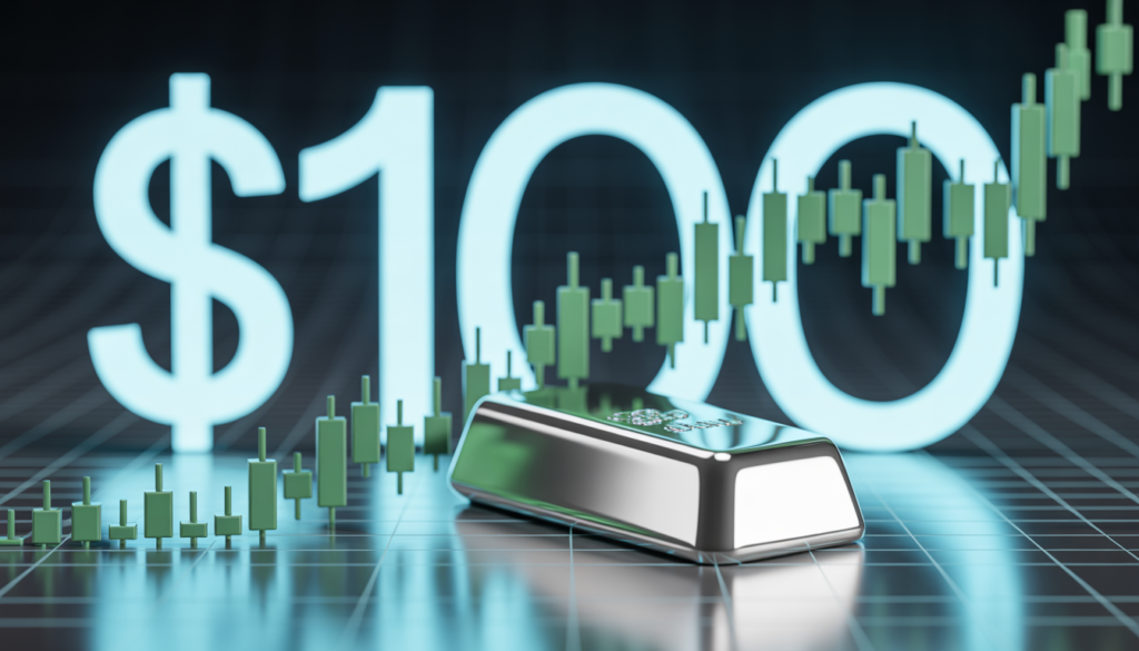Graph showing the parabolic rise of silver prices and SLV stock reaching $100 in 2026.