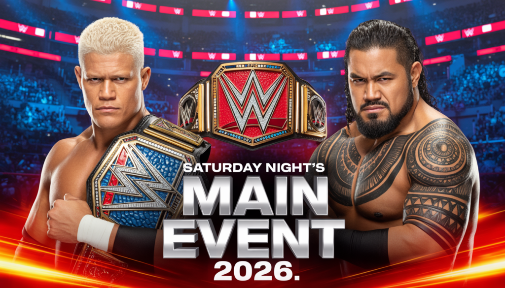 WWE Saturday Night's Main Event 2026 promotional poster featuring Cody Rhodes and Jacob Fatu with the Undisputed WWE Championship.
