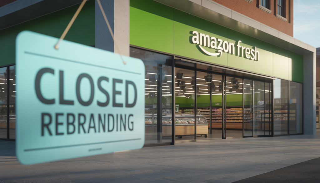 Exterior of an Amazon Fresh grocery store with a "closing" sign, representing the 2026 retail strategy shift.