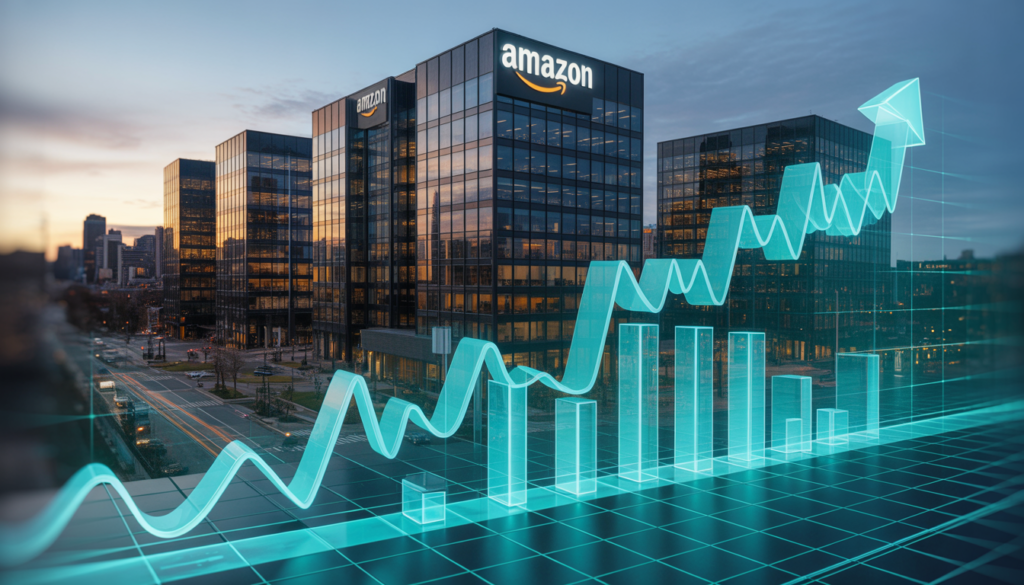 Amazon corporate office building with AMZN stock market graph overlay symbolizing 2026 layoffs and workforce changes.