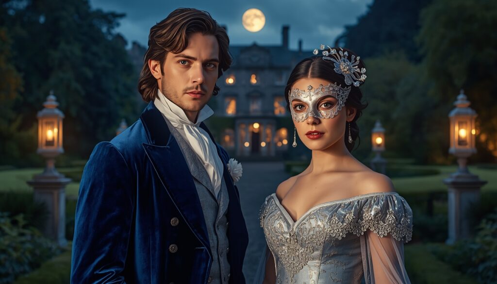 Luke Thompson as Benedict Bridgerton and Yerin Ha as Sophie Baek dancing at a masquerade ball in Bridgerton Season 4.